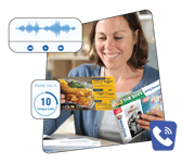 female looking at money saver envelope with queue bubbles of stats