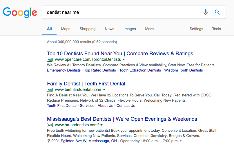 Dental marketing Google ads example
