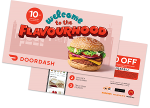 example of direct mail ad for a food company. The ad features a hamburger and text that says welcome to the flavouring.