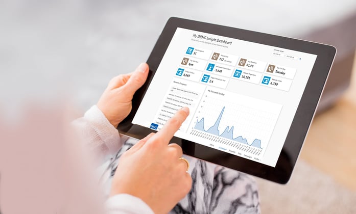 iPad screen showing DRMG Insights dashboard