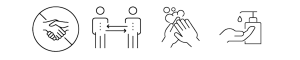 social distancing icons. No hand shakes. 6ft apart. Washing hands. Using sanitizer.