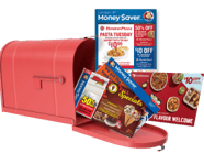 Boîte aux lettres rouge avec magazine Money Saver, carte postale Door Dash et enveloppe Money Saver à l'intérieur.