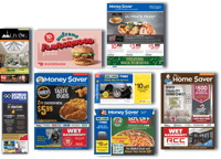 Group of magazine products including Greater Toronto Living, Door Dash postcard, Money Saver Magazine, Home Saver, Money Saver Envelope Wrap and Go Gatineau