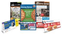 Group of magazine products including Greater Toronto Living, Door Dash postcard, Money Saver Magazine, Home Saver, Money Saver Envelope