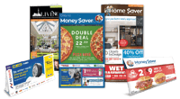 Group of magazine products including Greater Toronto Living, Door Dash postcard, Money Saver Magazine, Home Saver, Money Saver Envelope