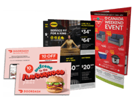 Pink and red postcard back and front, Midas solo mail back and front, Canadian Tire brochure
