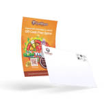 Orange postcard behind white envelope with logo and stamp