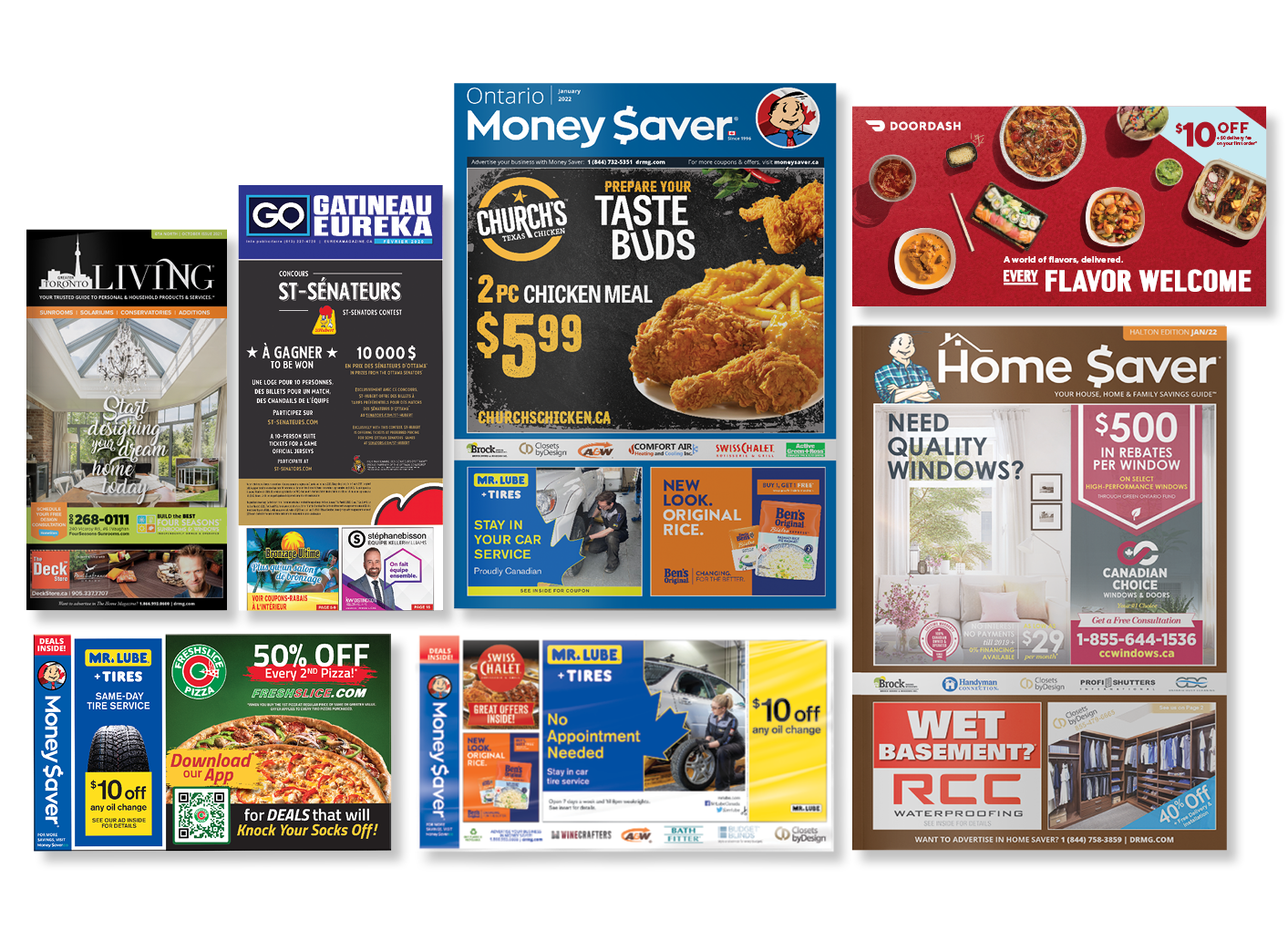 Group of magazine products including Greater Toronto Living, Door Dash postcard, Money Saver Magazine, Home Saver, Money Saver Envelope Wrap and Go Gatineau