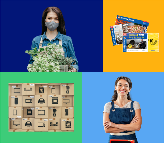 four coloured boxes, one with a a woman holding a crate of plants, one with the money saver envelope, one with boxes of electronics and one with a woman wearing overalls while folding her hands