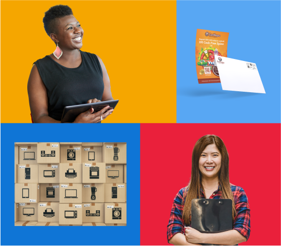 Four coloured boxes, one with a woman holding a tablet smiling, one with a postcard and envelope, one with stacked boxes and one with a woman smiling holding a clipboard
