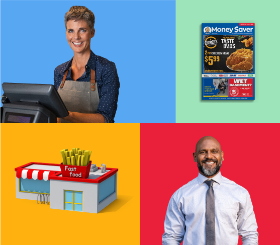 Four coloured boxes, one with woman cashier smiling, one with Money Saver Magazine, one with fast food restaurant and one with man in tie smiling