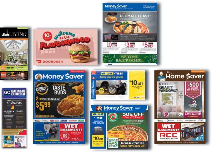 Group of magazine products including Greater Toronto Living, Door Dash postcard, Money Saver Magazine, Home Saver, Money Saver Envelope Wrap and Go Gatineau