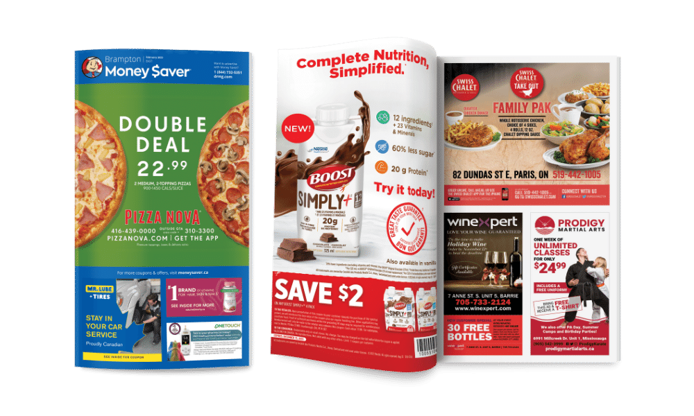 Money Saver Magazine with pizza ad on front cover and open double page spread with ads on inside beside