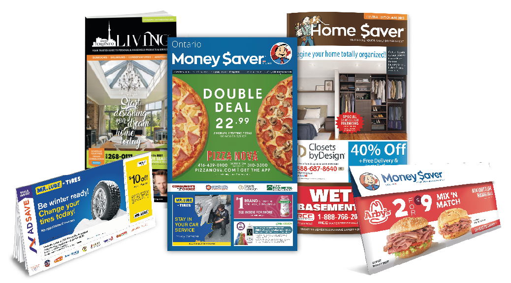 Group of magazine products including Greater Toronto Living, Door Dash postcard, Money Saver Magazine, Home Saver, Money Saver Envelope 