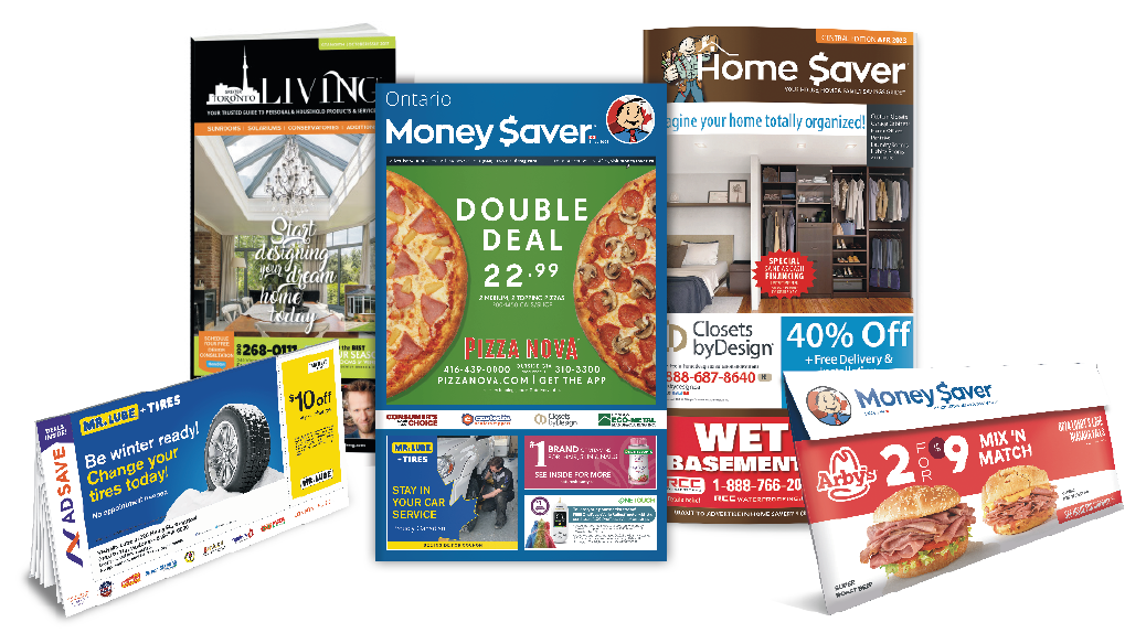 Groupe de produits de magazines, y compris Greater Toronto Living, carte postale Door Dash, Money Saver, Home Saver, Enveloppe Money Saver