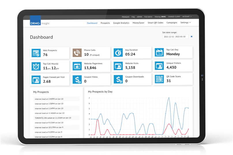 Tablette utilisant le logiciel DRMG Insight pour suivre les prospects.