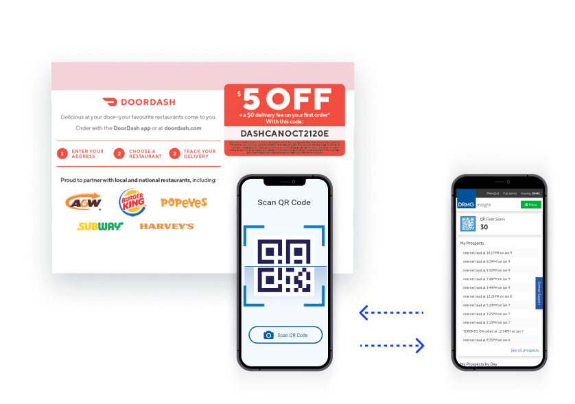 Graphic of cellphone scanning QR code on postcard