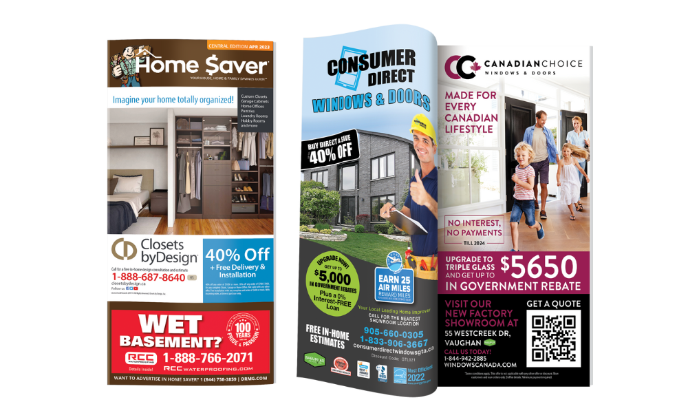 Home Saver Magazine cover and magazine opened to center spread to the right with coupons featuring home improvement businesses