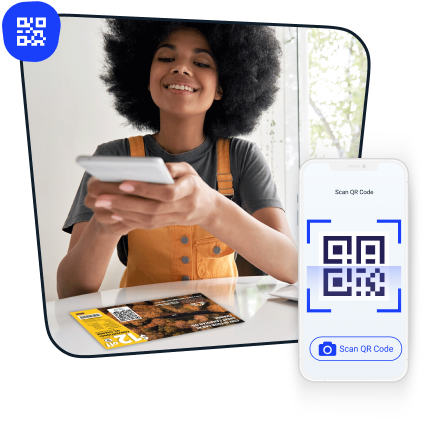 Une femme portant une robe jaune tenant un téléphone au dessus d'un coupon avec un code QR. Un téléphone avec un code QR se trouve également sur l'image.