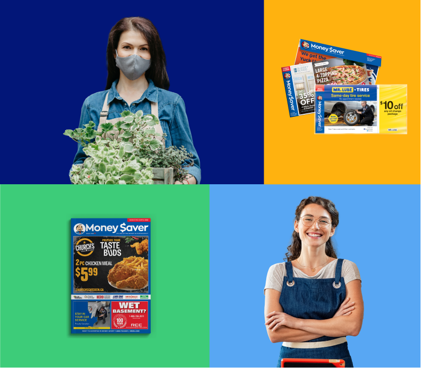 Quatre boîtes colorées, une bleu foncé avec une femme portant un masque et tenant une plante, une jaune avec l'enveloppe Money Saver, une verte avec le magazine Money Saver et une bleu avec une femme souriante.